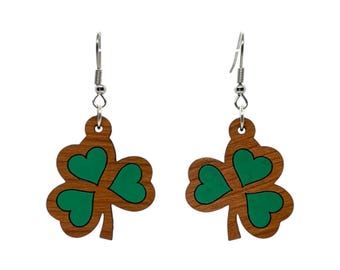 Shamrock Earrings - Wood Earrings - Fishhook Earrings - St Patrick's Day Earrings