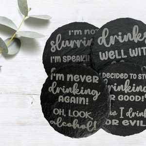 Engraved Slate Coasters (4&quot; Round) - (Alcohol Sarcasm, Alcohol Humor) - Set of Four