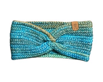 Crochet Twist Ear Warmer - Crochet Headband - Coastal Blues and Greens (Medium to Large Adult Size)