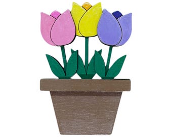 Pot of Tulips Magnet - Hand Painted Magnet - Wood Magnet