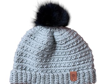 Crochet Beanie with Faux Fur Pom Pom - Crochet Hat - Blue Gray  (Medium to Large Adult Size)