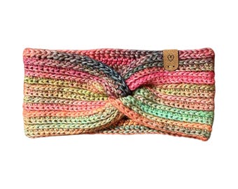 Crochet Twist Ear Warmer - Crochet Headband - Tropical Sherbet (Medium to Large Adult Size)