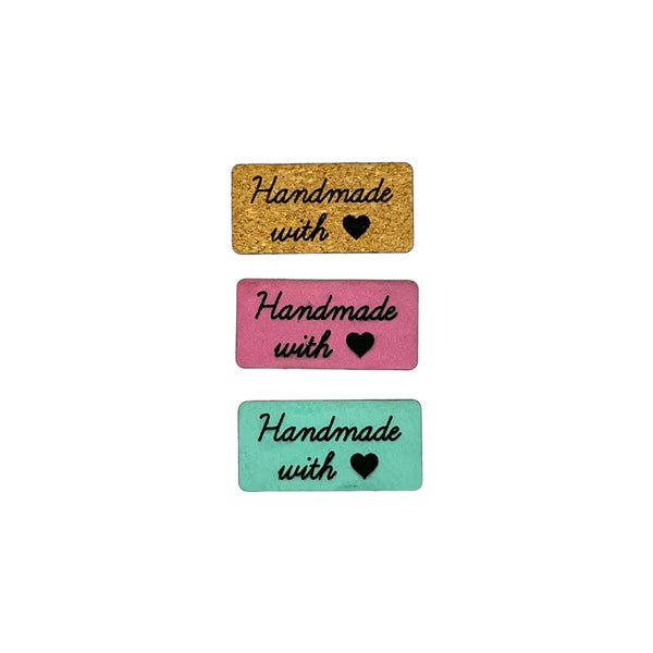 1 1/2" x 3/4" Label - Handmade with <3 - Choice of Color  ( Handmade Label - Cork Label - Leatherette Label)