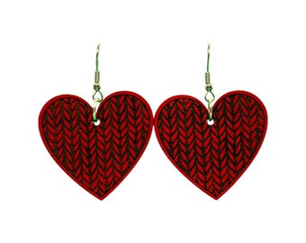 Red Sweater Weave Heart Earrings - Wood Earrings - Fishhook Earrings - Valentine's Day Earrings