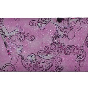 ABSTAND!! Portemonnaie aus Stoff mit Totenkopf-Motiven (große Größe, Kartenfächer, Druckknopfverschluss, Münzfach, passend für Handy) (rosa, gekreuzte Knochen, Schleife, Glitzer)