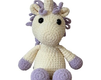 White and Purple Crochet Unicorn (Medium) - Chenille Unicorn