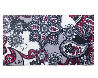 Cotton Checkbook Cover - Paisley (check, register, wallet, black, gray, grey, red, pink, white, flowers)