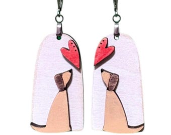Brown Dog with Heart Earrings - Wood Earrings - Leverback Earrings