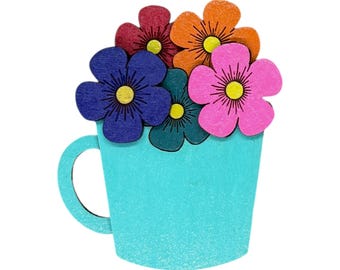 Cup of Flowers Magnet - Hand Painted Magnet - Wood Magnet