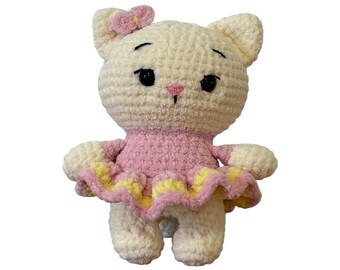 Crochet Kitten in Pink and Yellow Dress - Chenille Kitten