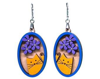 Cat with Flowers Earrings - Orange Cat Purple Flowers - Wood Earrings - Leverback Earrings