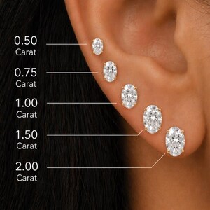 May include: An ear with five oval-cut diamond stud earrings of varying sizes, ranging from 0.50 to 2.00 carats. The image includes text indicating the carat size of each earring. The earrings are displayed on an ear.