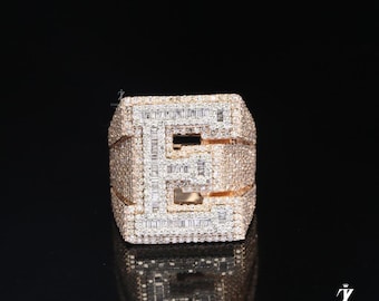 Iced Out Moissanite Initial Ring - Baguette Cut Hip Hop Ring
