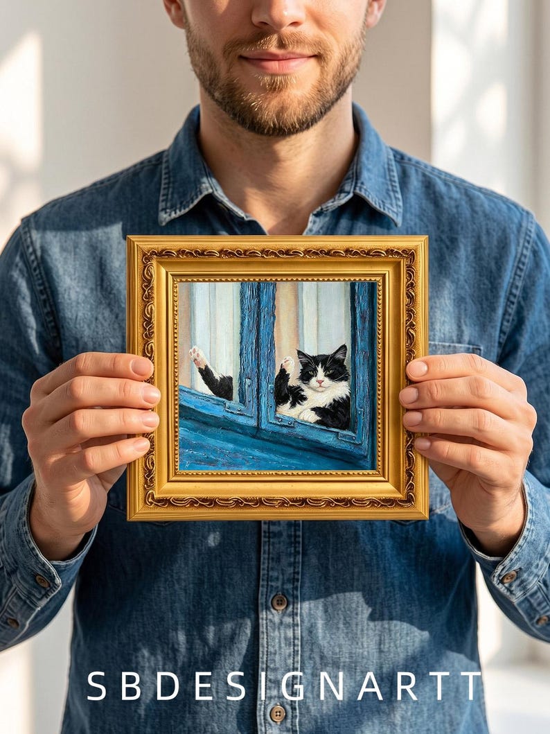 Loading Gift Window Cat Blue Window Frame Oil Painting, Custom Oil Painting From Photo ...