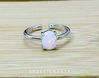 Anillo abierto minimalista de ópalo blanco en plata S925, joyería para mujer