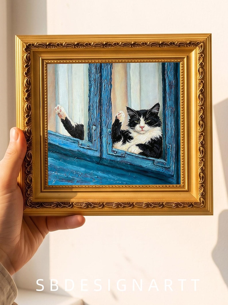 Loading Gift Window Cat Blue Window Frame Oil Painting, Custom Oil Painting From Photo ...