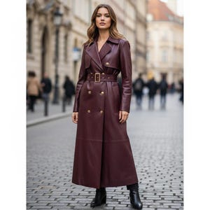 Women’s Burgundy Leather Trench Coat – Full-Length Double-Breasted Coat with Gold-Tone Buttons and Belted Waist, Perfect Gift For Her