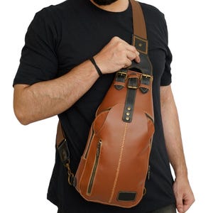 Unisex Leather Sling Bag, Crossbody Shoulder Bag, Minimalist Everyday Bag, Travel Chest Bag, Handmade Gift for Him & Her, Boho Leather Purse