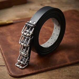 May include: A black leather belt with multiple silver-colored buckles. The belt is rolled up, showcasing its interior lining. The image is set on a brown leather surface, with a wooden background.