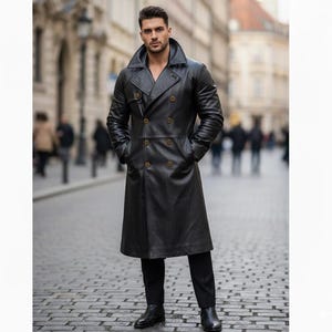 Handcrafted Genuine Leather Trench Coat for Men – German Military Officer Style, Long Black Overcoat