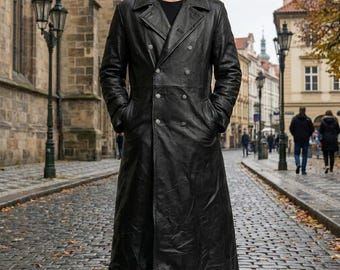 Men’s Black Leather Trench Coat, Genuine Cowhide Long Leather Coat, Biker Style Jacket, Winter Coat Gift For Him