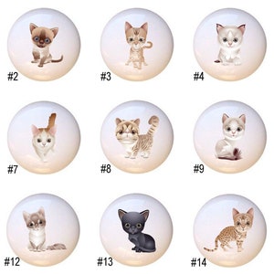 May include: Fifteen different ceramic tile designs featuring cute cartoon kittens in various poses and colors. The tiles are white with a glossy finish.