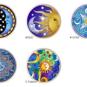 May include: A set of ten round, colorful, decorative sun and moon designs. The designs feature a variety of colors, including blue, yellow, green, and purple. The designs are all circular and have a variety of patterns, including stars, moons, and suns.