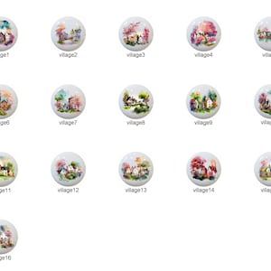 May include: A set of 16 watercolor paintings depicting charming village scenes. Each painting features a small town with houses, trees, and a variety of details. The paintings are all in a similar style, with a soft, watercolor look.