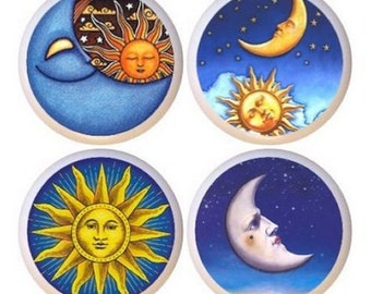 Celestial Sun, Moon & Stars Ceramic Drawer Knobs - Set of 4