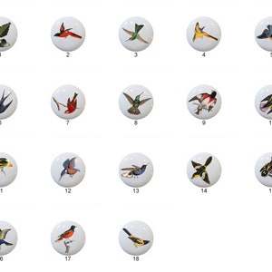 May include: Set of 18 ceramic knobs featuring colorful bird illustrations. Each knob is round and white with a different bird design.