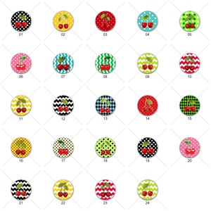 May include: Twenty-four round, colorful, cherry-themed designs with different patterns, including polka dots, zigzags, and checkered patterns. Each design features a pair of red cherries with green stems and leaves.