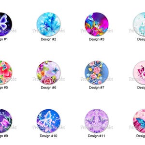 May include: A collection of twelve round decorative knobs, each featuring a unique butterfly or floral design. The knobs showcase a variety of colors, including blue, pink, purple, and green, with some designs incorporating glitter effects. Each knob is labeled with a design number.