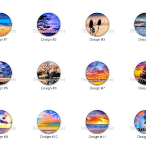 May include: A collection of twelve round designs featuring scenic sunset and sunrise images. Each design showcases a unique sky with vibrant colors, including orange, blue, and purple. Some designs include trees or silhouettes.