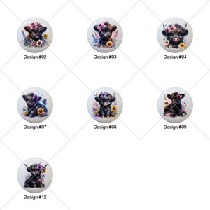 May include: Twelve different designs of round ceramic ornaments featuring a black Highland cow with pink bows and flowers. Each ornament has a white background and is numbered from 1 to 12.