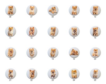 May include: A set of 29 round, white ceramic ornaments featuring a variety of adorable Pomeranian dog illustrations. Each ornament features a different pose of the dog, including sitting, standing, and playing with a ball. The ornaments are perfect for adding a touch of whimsy to any Christmas tree or home decor.