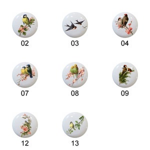 May include: Set of 13 ceramic knobs featuring various bird designs. Each knob is round and white with a colorful bird illustration. The birds are depicted in various poses, including perched on branches, flying, and nesting.
