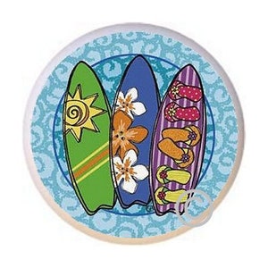 May include: Three colorful surfboards with floral and flip-flop designs on a blue and white patterned background.
