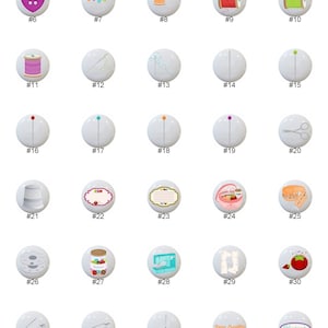 May include: Thirty-seven white ceramic round buttons with various sewing-themed designs. The designs include buttons, spools of thread, needles, scissors, thimbles, sewing machines, and text that says "Sewing", "Handmade", and "Sew Crafts".