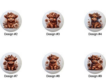 Brown Highland Cows by FluffTag Images on 1.5" White Decorative Glossy CERAMIC Cabinet PULLS Dresser Drawer KNOBS