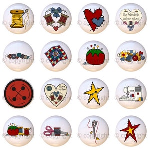 May include: Twelve round ceramic knobs with various sewing-themed designs. The designs include a spool of thread, a heart with a button, a sewing machine, a star, a pincushion, a button, scissors, and a needle and thread.