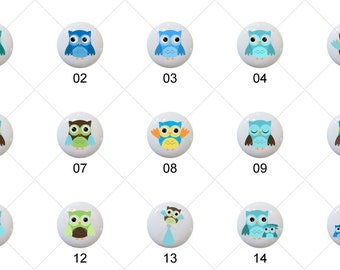 Baby Boy Owls Green Blue Brown Owl - 1.5" DECORATIVE Glossy Ceramic Dresser Drawer PULLS Cabinet Cupboard KNOBS