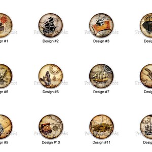 May include: A collection of twelve circular pirate-themed designs. Each design features a different illustration, including treasure chests, pirate ships, skulls, maps, and nautical elements. The designs are numbered and set against a vintage map background.