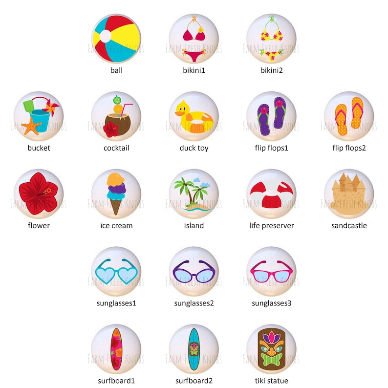May include: A set of 18 colourful round stickers with various summer-themed illustrations, including a beach ball, bikini, bucket, cocktail, duck toy, flip flops, flower, ice cream, island, life preserver, sandcastle, sunglasses, surfboard, and tiki statue.