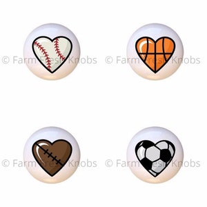 Heart-shaped Sports Baseball Basketball Football Soccer Images on 1.5" DECORATIVE Glossy Ceramic Dresser Drawer PULLS Cabinet Cupboard KNOBS