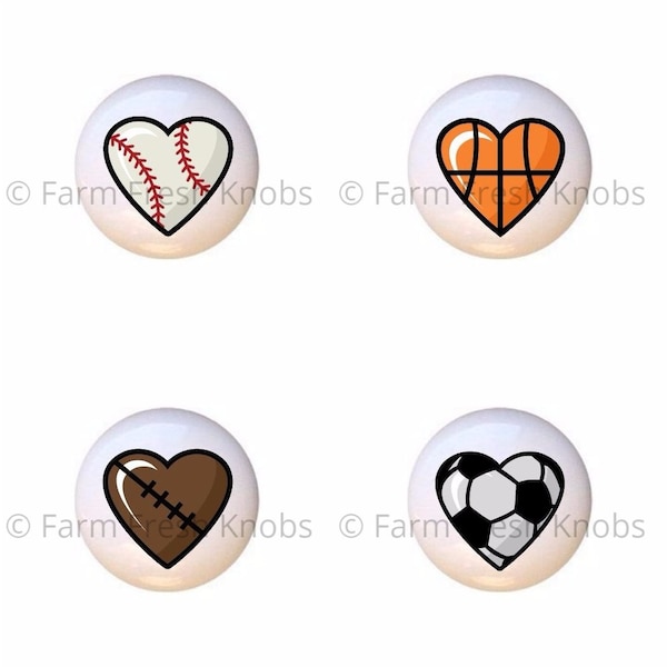 Heart Sports Ball Ceramic Knobs: Baseball, Basketball, Football, Soccer