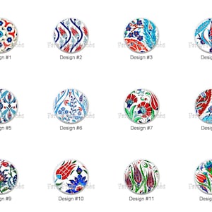 May include: A collection of twelve round decorative designs, each featuring a unique floral pattern in vibrant colors. Designs include red, blue, and white floral motifs, with text labels indicating each design's number. The designs are set against a white background.