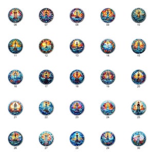 May include: A collection of 31 round stained glass ornaments featuring a lighthouse in a seascape. Each ornament has a unique color scheme and design. The ornaments are perfect for adding a touch of nautical charm to any home.