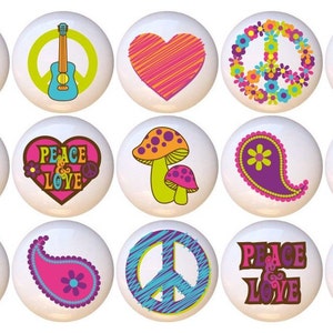 May include: Set of 16 round ceramic tiles with various designs in a 1960s retro style. The designs include peace signs, flowers, butterflies, mushrooms, hearts, guitars, owls, and paisley patterns. The tiles are white with colorful designs.