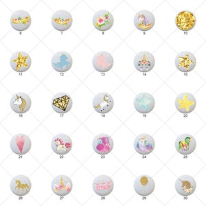 May include: Thirty-four different designs of round ceramic knobs featuring unicorns, stars, flowers, and other whimsical imagery. The knobs are white with a glossy finish.