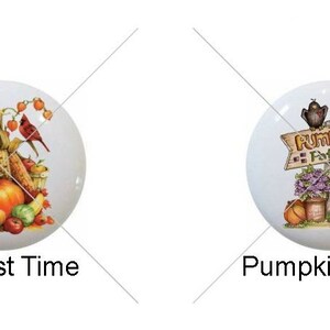 May include: Four ceramic tile designs with a fall theme. The first tile features a pumpkin with a vine. The second tile features a harvest scene with pumpkins, corn, and a cardinal. The third tile features a sign that says "Pumpkin Patch". The fourth tile features a scarecrow with a sunflower.